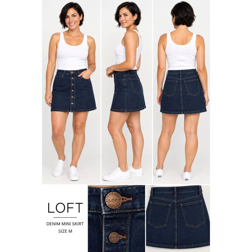 LOFT Women's Size M Dark Wash Denim Stretch Button Front Mini Skirt Pockets